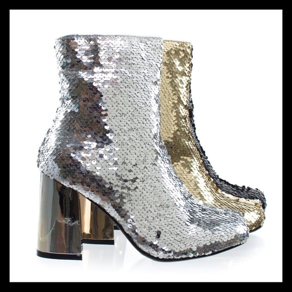 Silver Sequins Mirror Chunky Heel Booties!. - Picture 3 of 7